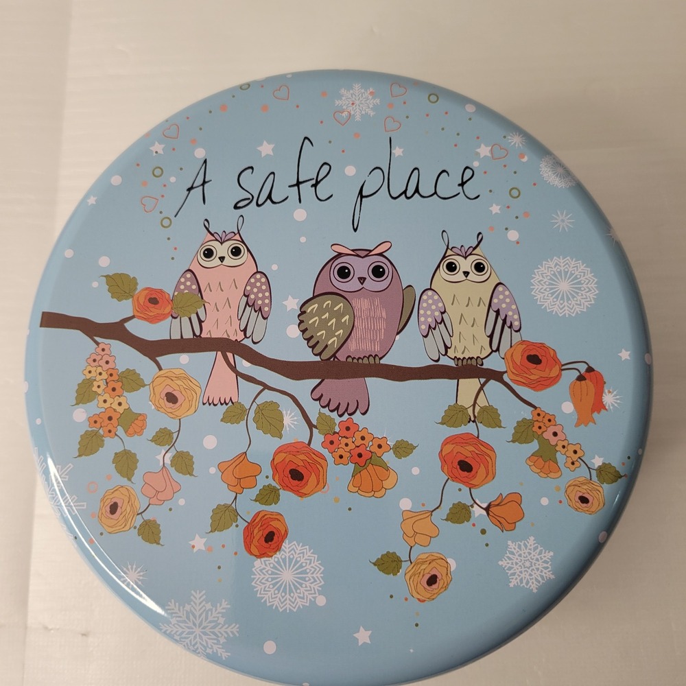 Breadleaf Owl Round Steel Cookie Tin Blue Floral Safe Place NIB 6.7" Whimsical